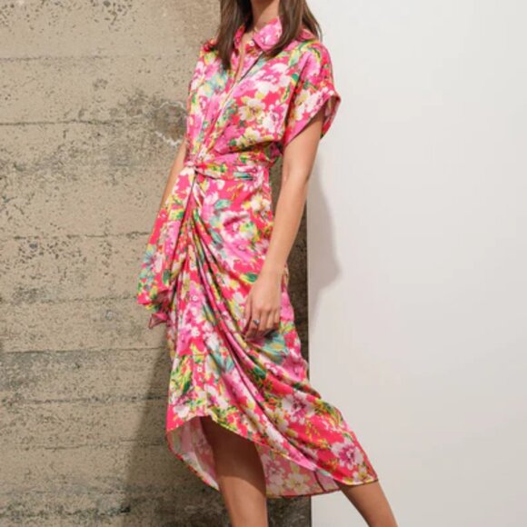 NWT Hawaiian Tropical Floral Print Ruched Tie Front Satin Shift Dress - Picture 6 of 6